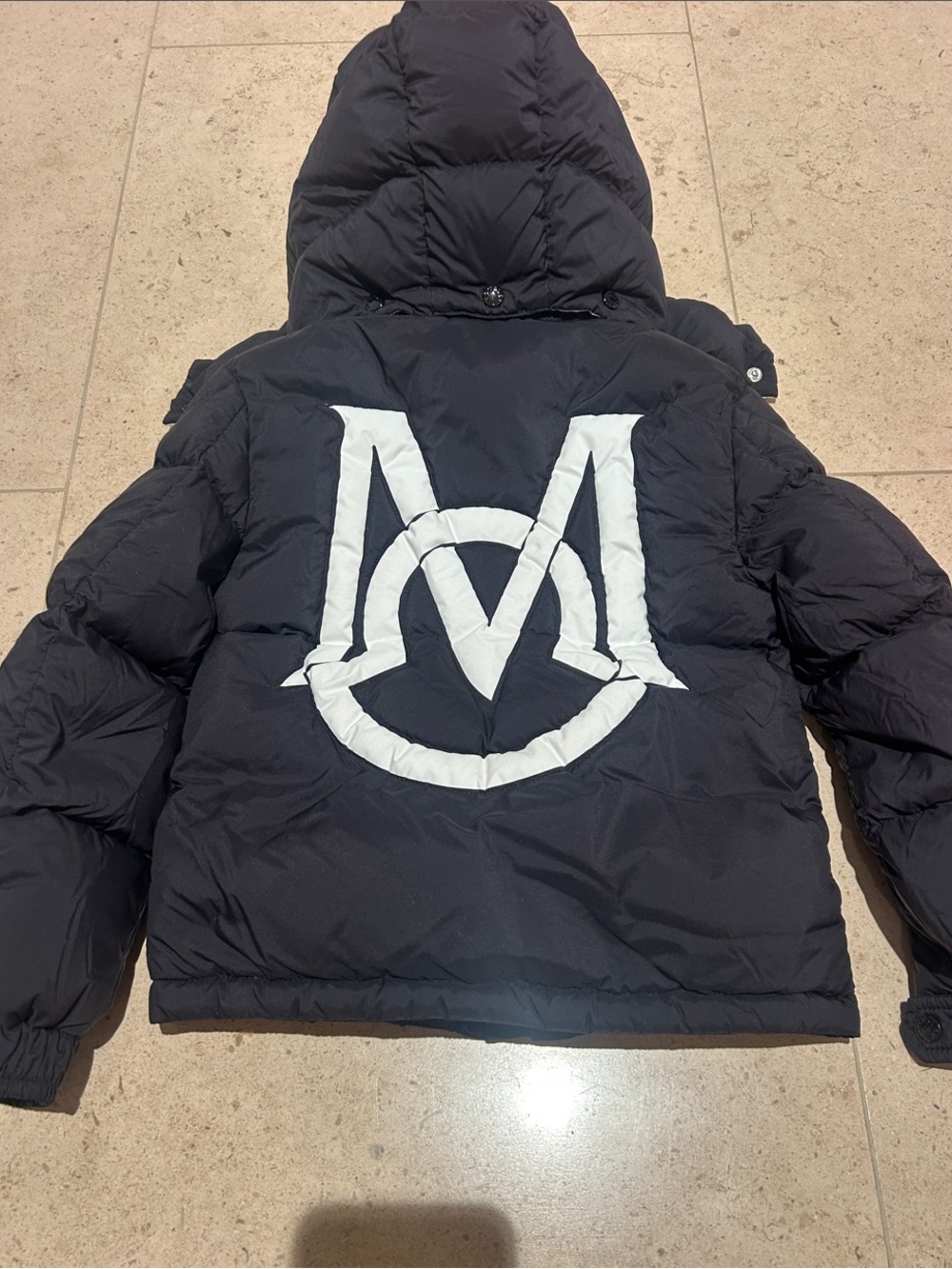 Moncler Black Puffer Jacket with Large White Logo
